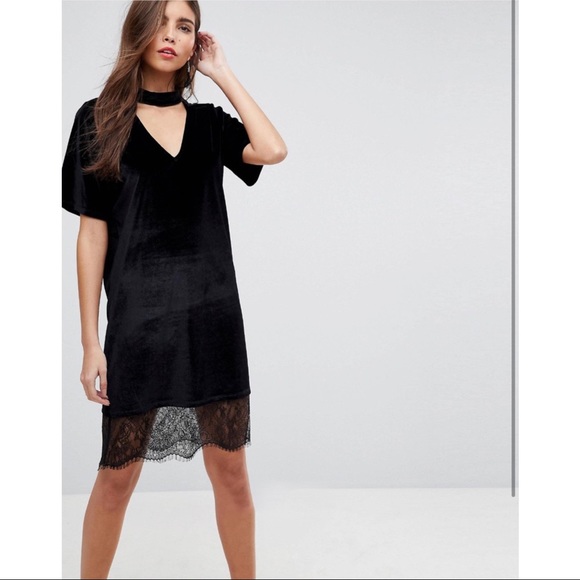 ASOS velvet t-shirt dress with choker neck and lace hem, black, Size 6 - Picture 2 of 9